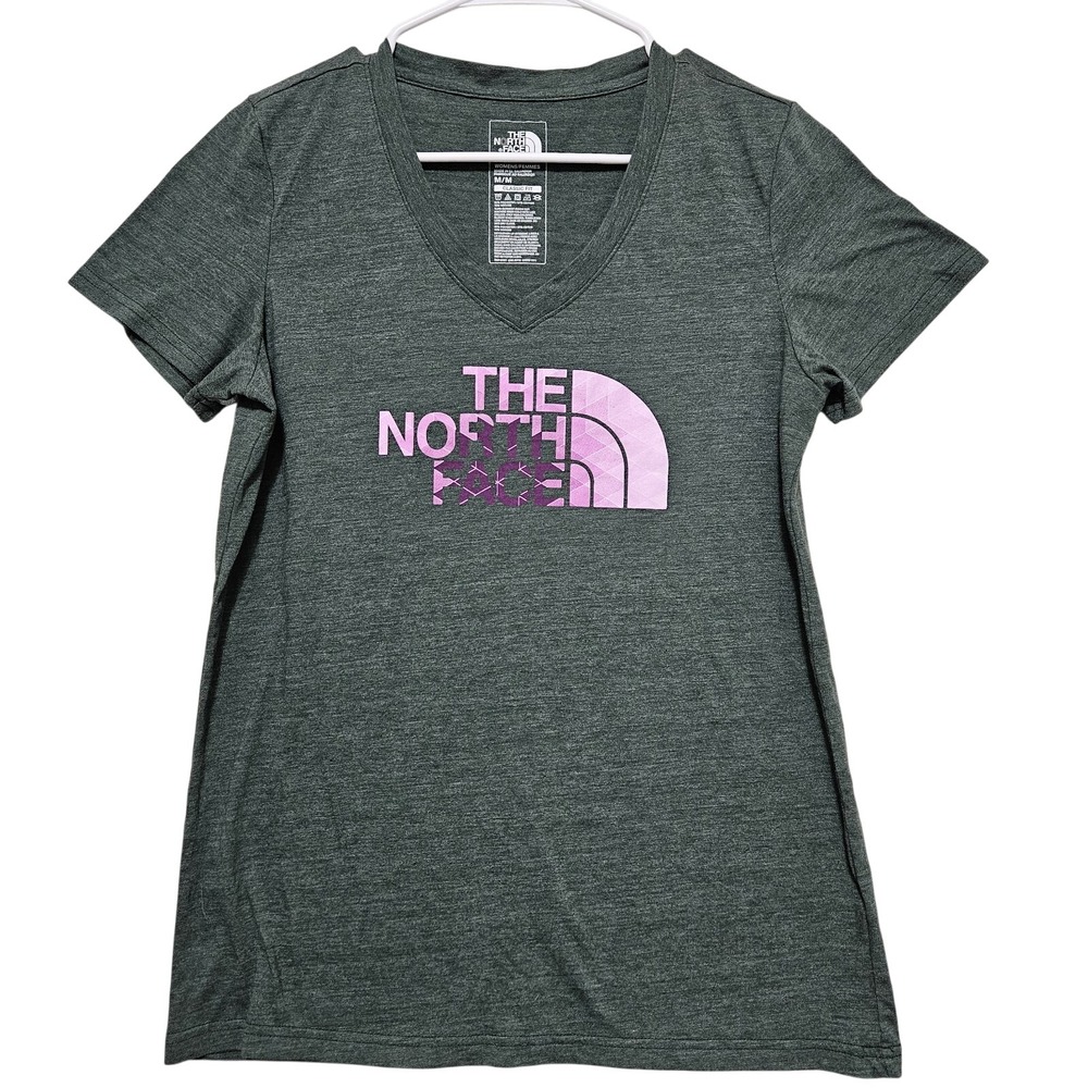 The North Face Women's Heather Green V-Neck Tee with Pink Logo